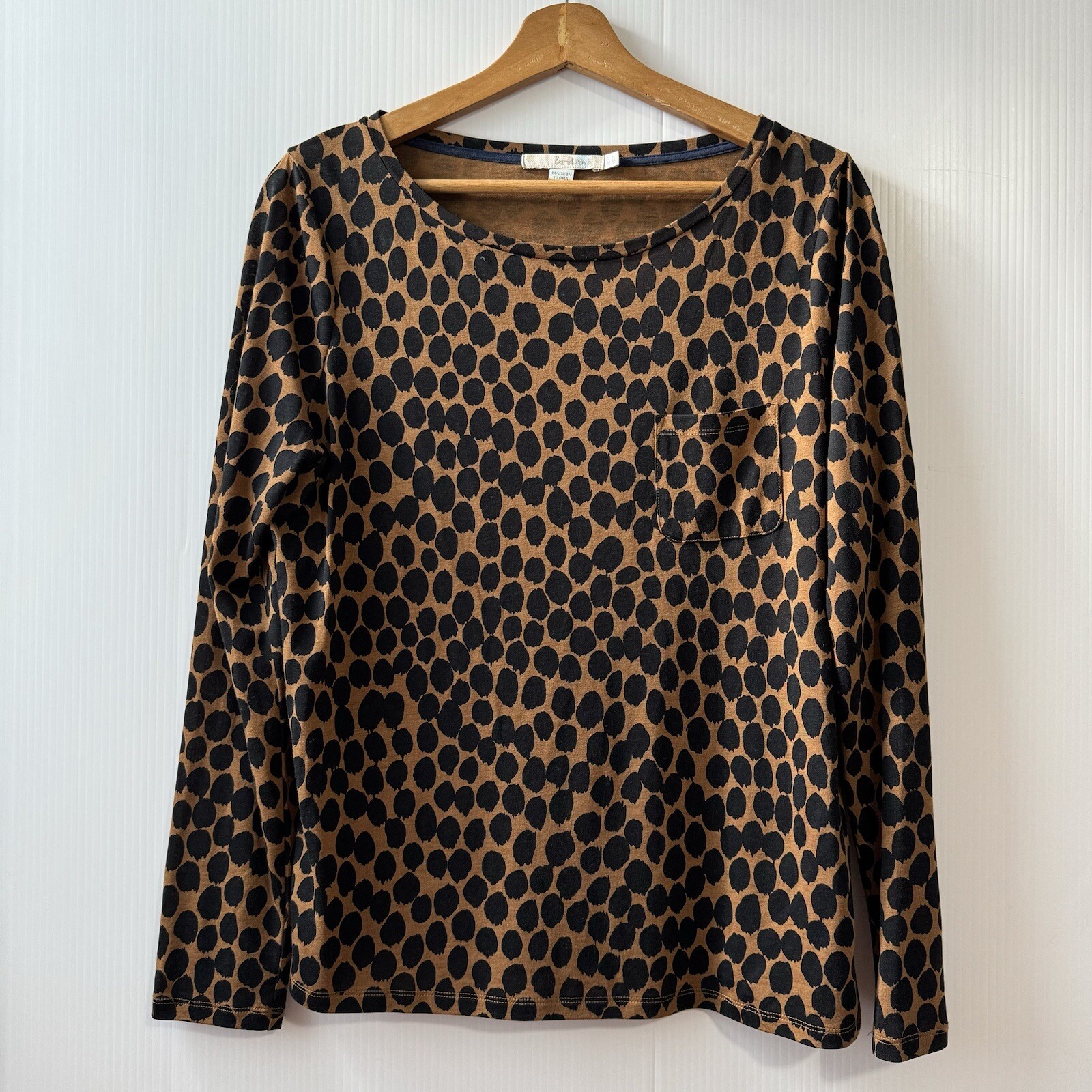 Boden Shirt Women’s Sz 8  Animal Print Top Long Sleeve Boat Neck Top Black Brown