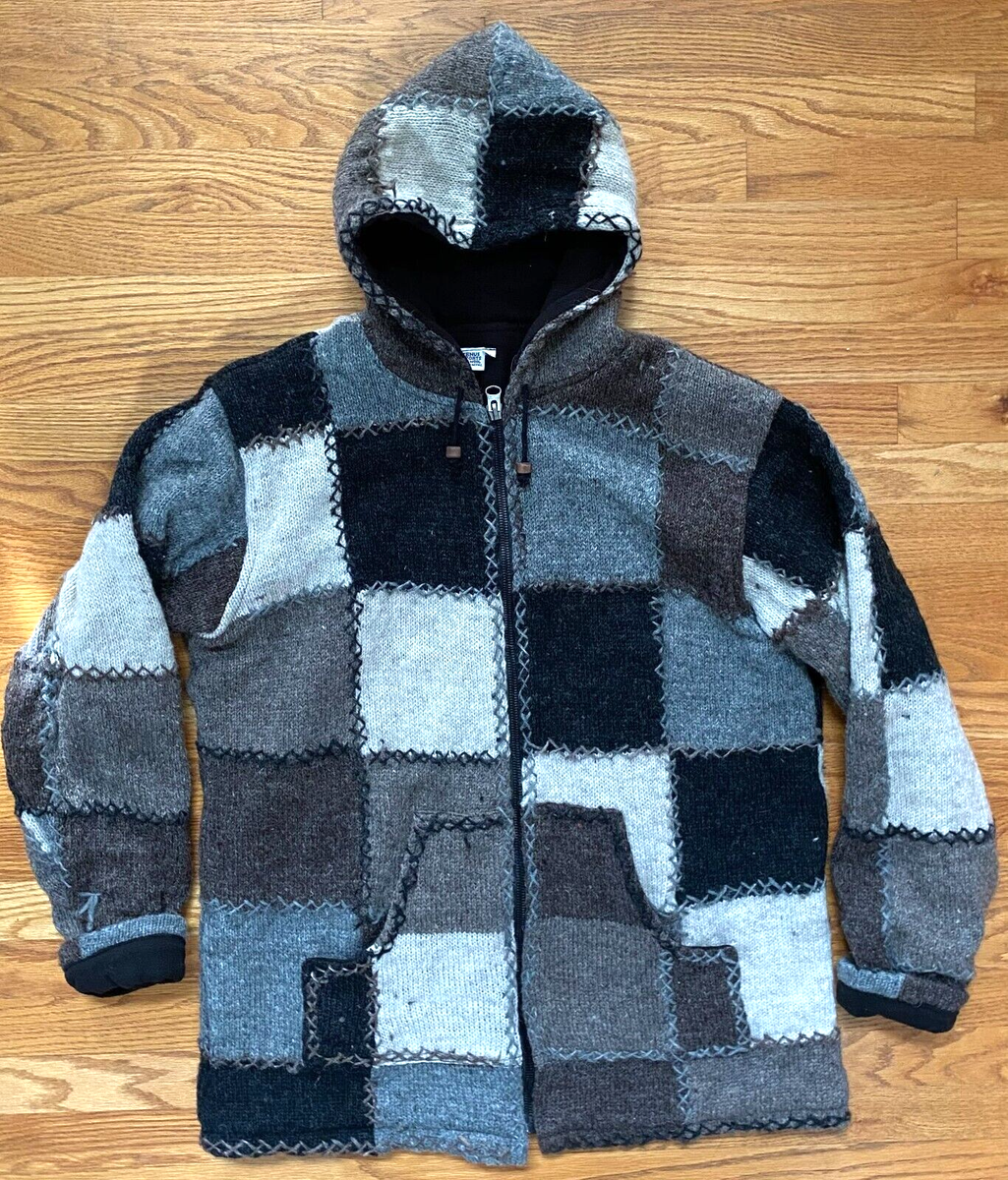 Venus Imports Patchwork Fleece Lined Full Zip Hood Wool Sweater Jacket 2XL  Nepal