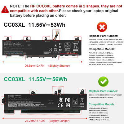 CC03XL Battery For HP ZBook Firefly 15 G7/G8 EliteBook 850 855 G7/G8 Series 56Wh