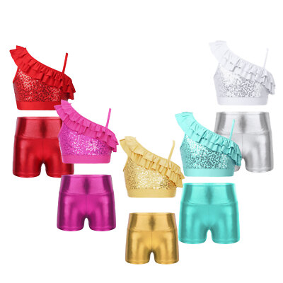 DE Kinder Mädchen Tanzanzug Glänzend Crop Top und Short Gymnastik Yoga Dancewear