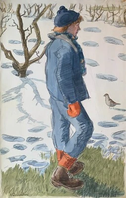 Aquarell März 1955 Karl Adser Winterlandschaft mit Frau und Vogel im Garten - Bild 1 von 4