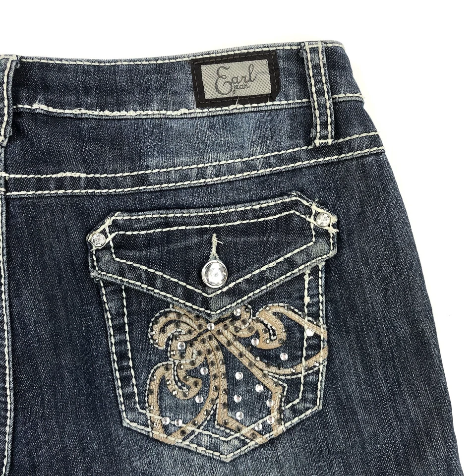 Earl Jean Cuffed Shorts Womens 6 Rhinestones Thick Stitch Blue Flap Pockets W30” - Image 4 of 4