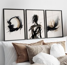 Abstract Wall Art Prints Set of 3 Black Gold Geometric Contemporary Poster Print