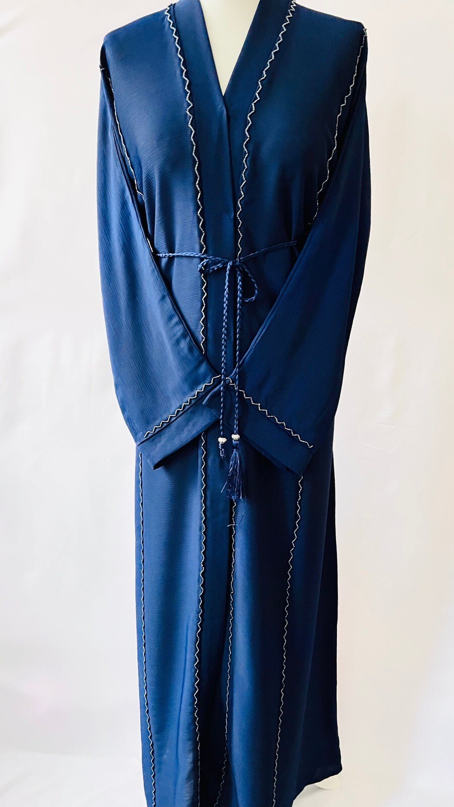 Navy Blue Front Open Dubai Abaya With Beadwork, Matching Scarf And Belt Size 54 image 2