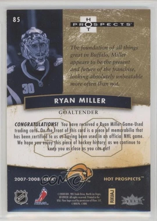 2007-08 Fleer Hot Prospects Jersey Red Hot /100 Ryan Miller #85 - Image 2 of 2