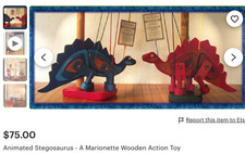 Handmade by Wooden Marionettes Animated Red Stegosaurus Action Toy Puppet Stand