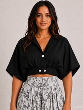 NWOT Black Cropped Button V-Neck Short Sleeve...