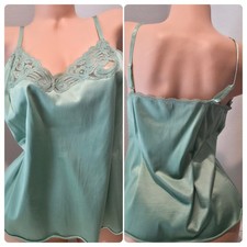 VTG Vanity Fair Camisole Nylon Antron III Floral Lace Sz 36 Green Made In The US