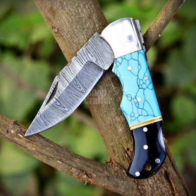 Damascus Pocket Knife Turquoise Handle Folding Valentine Gift For Men Him Sheath