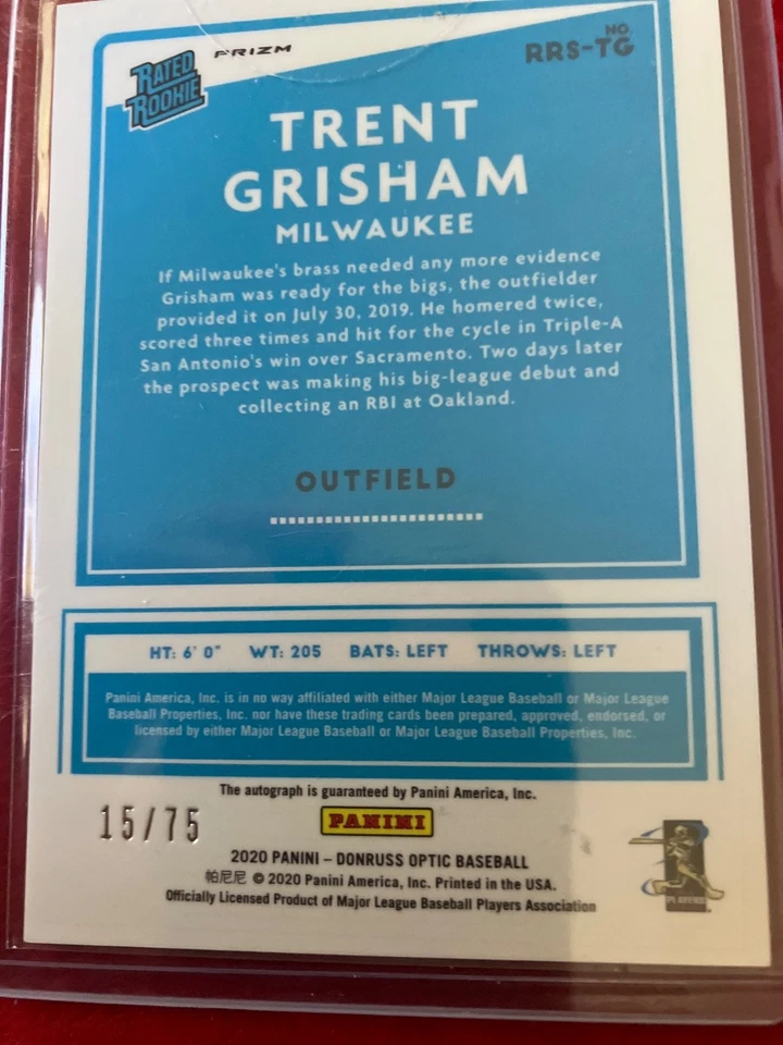 2020 Panini Optic Trent Grisham Auto  Rated Rookie Blue Prizm 15/75 - Image 2 of 2