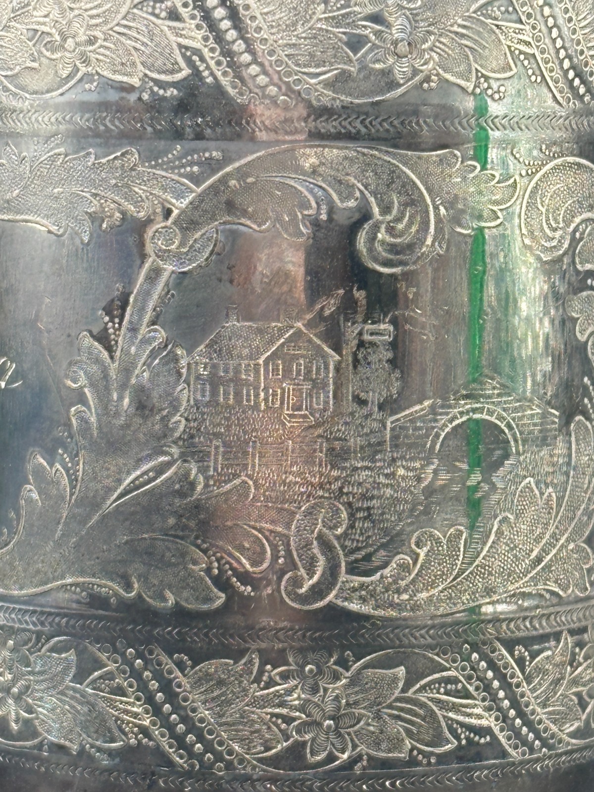 Antique Victorian Silver Plated Baby Cup River Bridge Farm House Engraving Lura