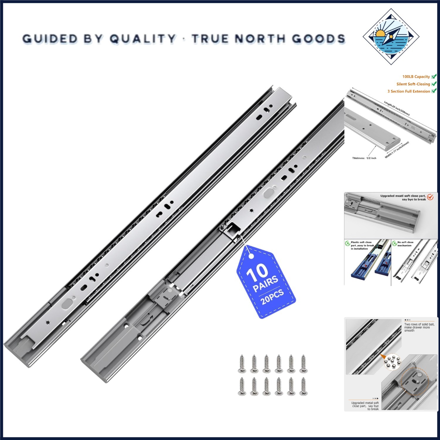 20 Inch, Full Extension Ball Bearing Glides, 10 Pairs