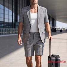 Men Summer Plaid 2PCS Suit Set Lightweight Business Blazer Casual Shorts Outfit