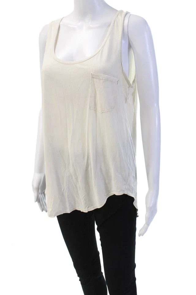 Camiseta sin mangas informal con bolsillos cuello redondo de algodón beige talla S hecha en Los Ángeles para mujer Foto 2 de 4