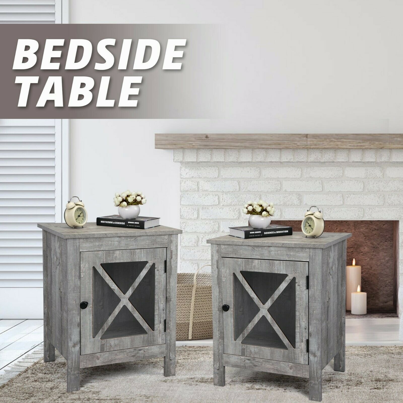 2 Grey Wood Accent Cabinets with Glass Doors - Nightstand Set No Drawers