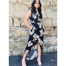 ASTR The Label Sleeveless Floral Hi Lo Faux Wrap Maxi Dress Front Slit Black S