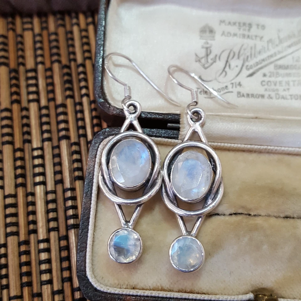 Pendientes vintage de plata de ley 925, piedra lunar genuina colgante, multicolor Foto 2 de 4