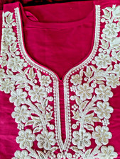Kurta Top Tunic Silk Blend Thread Seqin Embroidered U-Neckline Pink 36" x 20"
