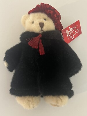 Russ Berrie Sasha the Teddy Bear in Winter Coat 7 1/2  Velvet Coat With Tag Mint
