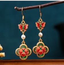 Green Real Jade Lotus Earrings Gift Butterfly 18K Gold Plated Natural Jewelry