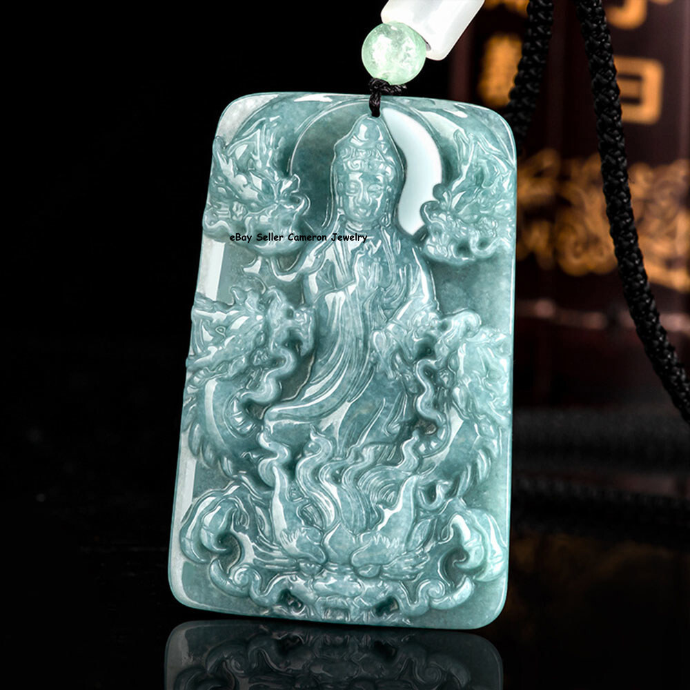 Real Grade A Natural Light Blue Jade Jadeite Men Kwanyin Oblong Pendant 54*34mm