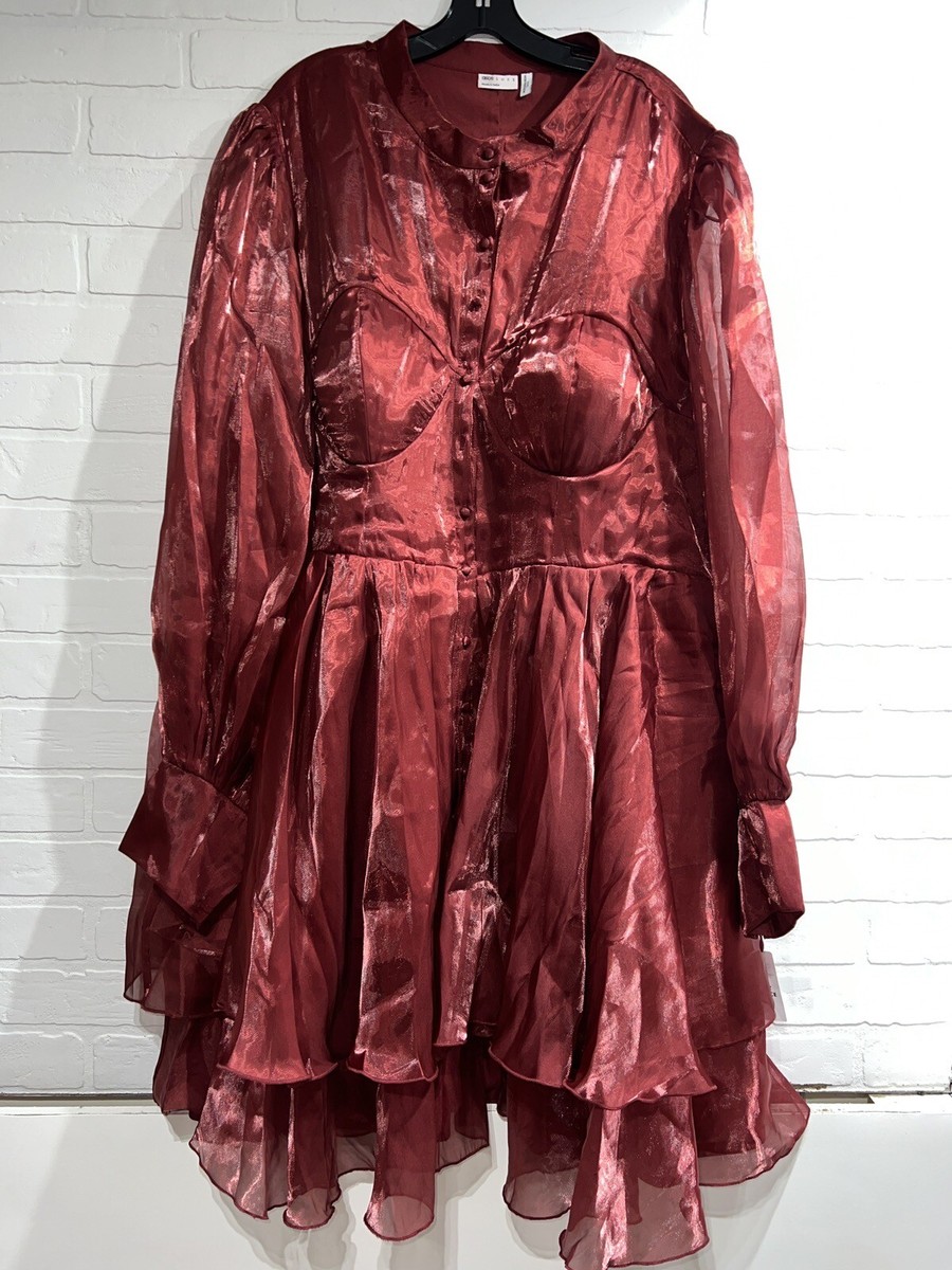NWT! - ASOS LUXE Curve Long Sleeved Pussybow Satin Dress Burgundy Red US 24  $128 | eBay
