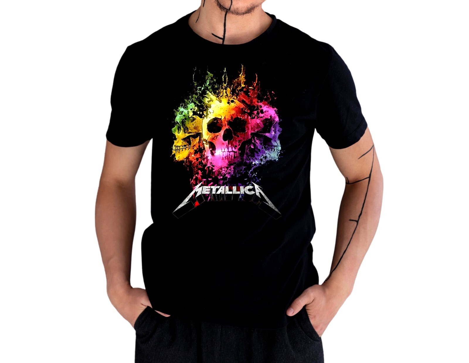 Camiseta Heavy Metal Colorida Calavera 100% Algodón/Hard Rock Music Festival Tee