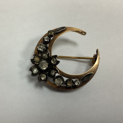 Broche Vintage Lune En Or Et Pierres Fantaisie - Bijou Ancien Du XIXème Siècle