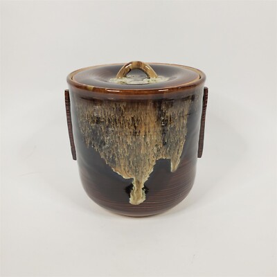 Handmade Brown Ceramic Pot Canister w/ Lid Glazed Inside and Out Asian Signature