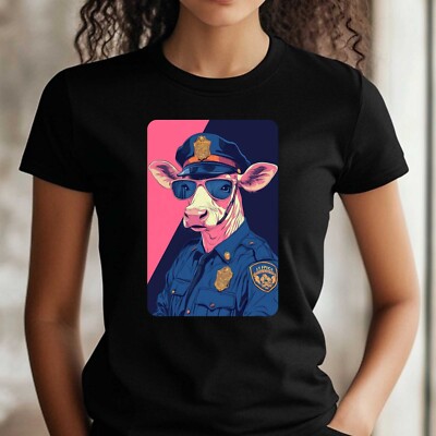 Women's Cow as Policeman Motif Cotton T-Shirt Size S to 3XL