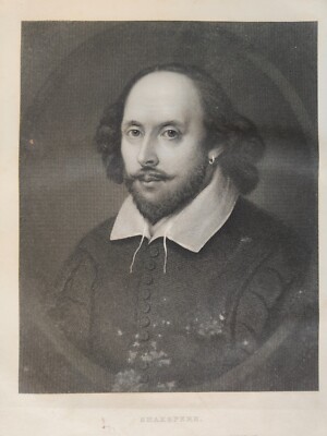 ANTIQUE ORIGINAL B/W ENGRAVING-WILLIAM SHAKESPEARE-PORTRAIT- 1870
