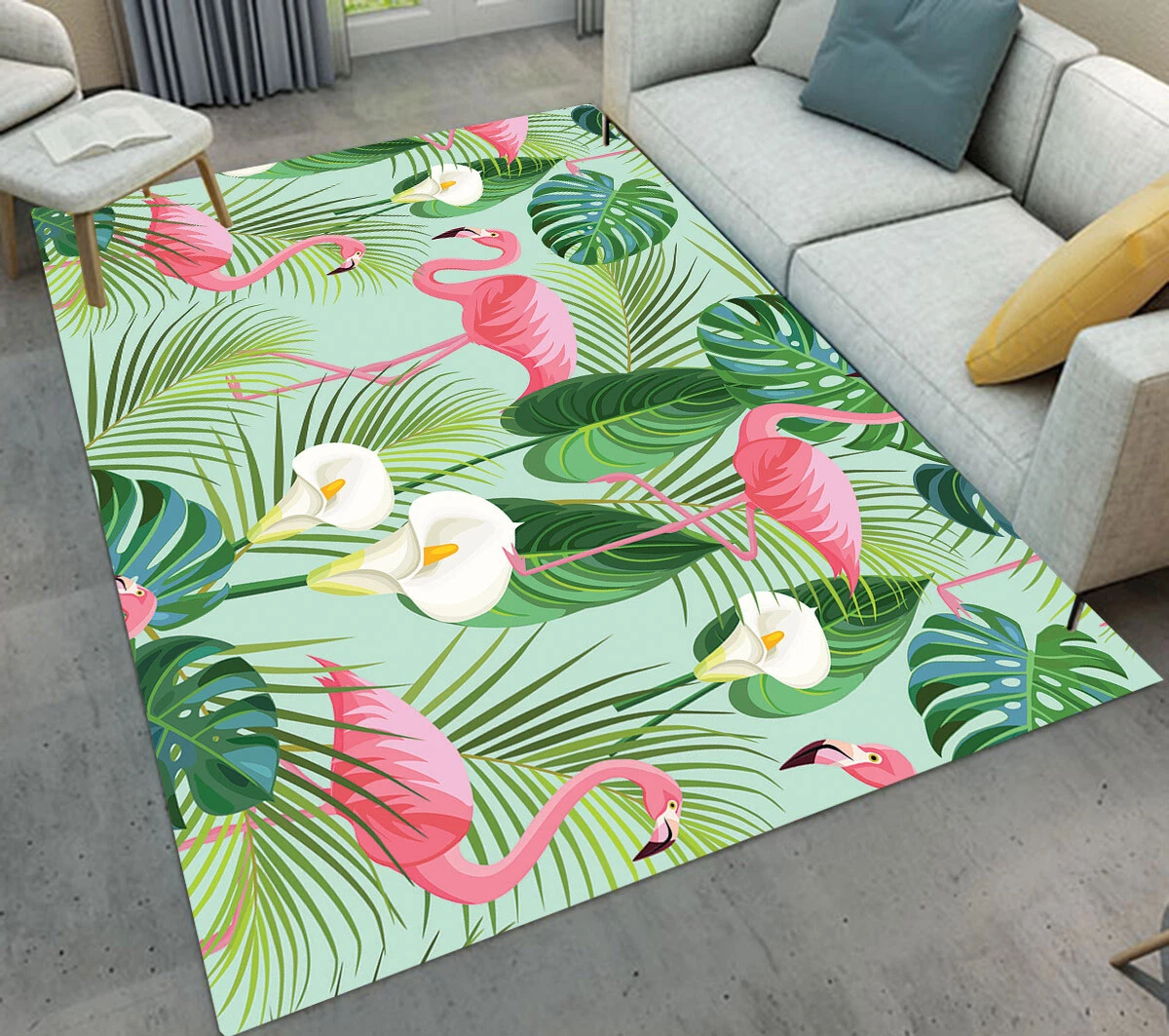 Exotic Tropical Green Leaves Flamingo Floral Area Rugs Living Room Floor Mat Rug