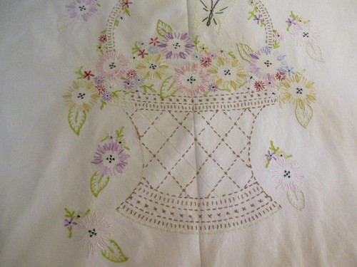 Vintage Hand Embroider Lightweight Bedspread Coverlet Full 77x80" Flower Basket - Picture 2 of 5