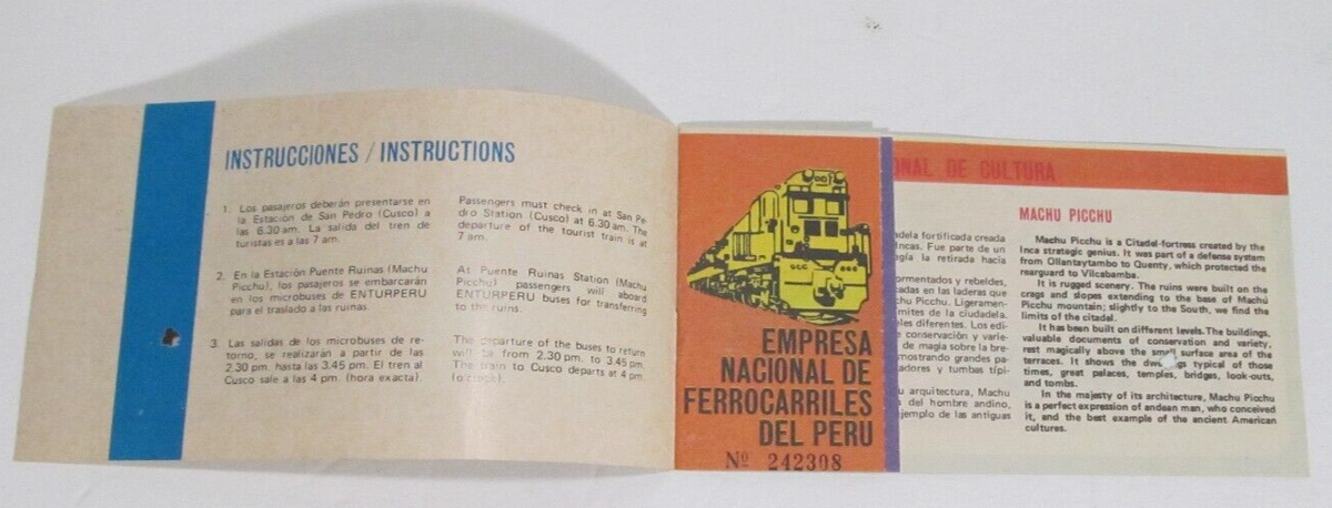 Machu Picchu souvenir ticket booklet brochure PERU 6.25 x 3.33