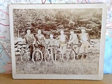 Photo Early 20th Century Men w Bikes Black & White Stone Wall Vintage Mounted