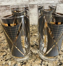 (4) Federal Glass MCM Atomic Gothic Black 22k Gold 8 Oz Drink Tumblers
