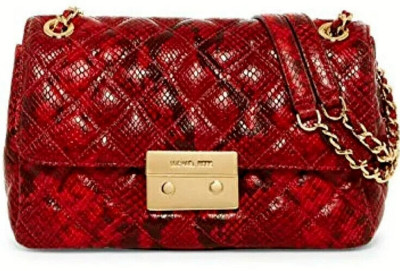  MICHAEL KORS SLOAN RED BLACK SNAKE LEATHER LARGE CROSSBODY SHOULDER BAG NWT!