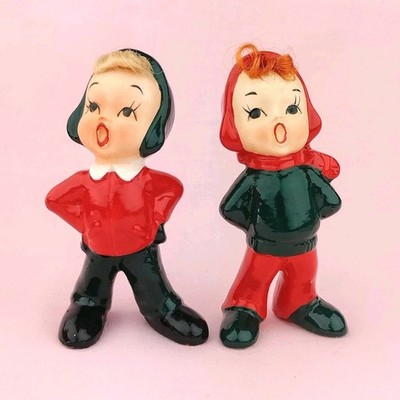 Vintage Napco Christmas Carolers Boys Figurines Real Hair Redhead Blonde Japan