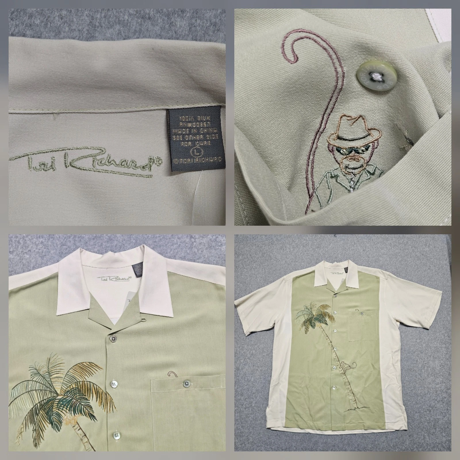 Tori Richard Monkey Palm Mens L Silk Shirt Sage Hawaiian NWT