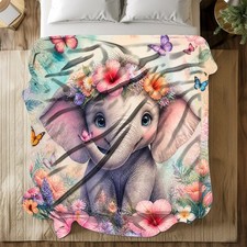 Floral Baby Elephant Coral Fleece Blanket Cute Nursery Style