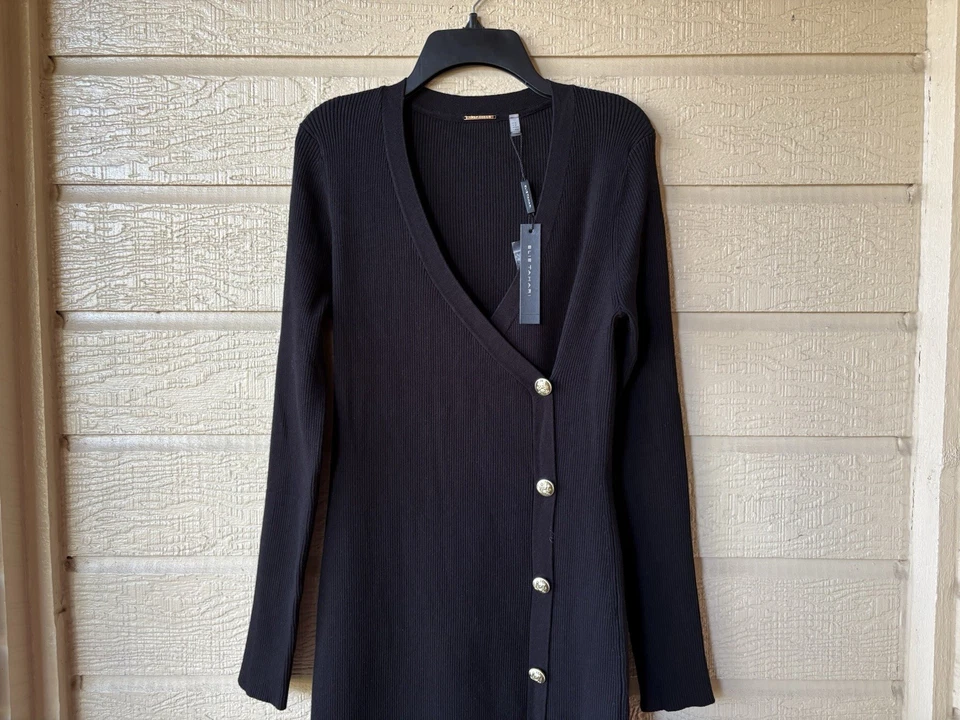 Vestido suéter midi envolvente sintético para mujer Elie Tahari talla mediana negro tejido acanalado $295 Foto 4 de 4