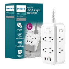 Philips Surge Protector, 8 Outlet, 2 USB-A, 1 USB-C, 17W, 3120J, Braided Cord, 6