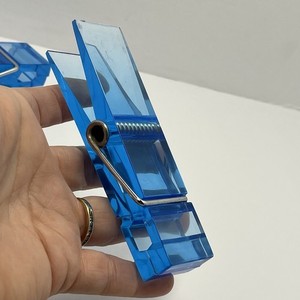 Lot of 4 Jumbo Plastic Lucite Blue Clear Clothes Pins 4 Inch Office Decor