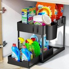 2 Tier Under Sink Organizer Sliding Basket Cabinet Storage Rack with Hooks