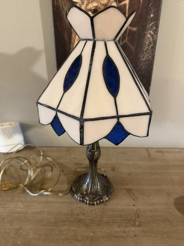Vintage Tiffany Style Blue White Stained Glass Lampshade Metal Base 19”