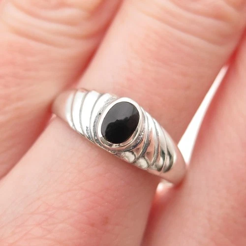 925 Sterling Silver Vintage Real Black Onyx Modernist Ring Size 8.25