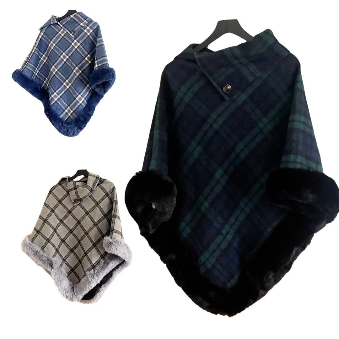 Strathurie Tartan Tweed Poncho Faux Fur Trim Fleece Lined Wrap Cape Shawl
Opens in a new window or t