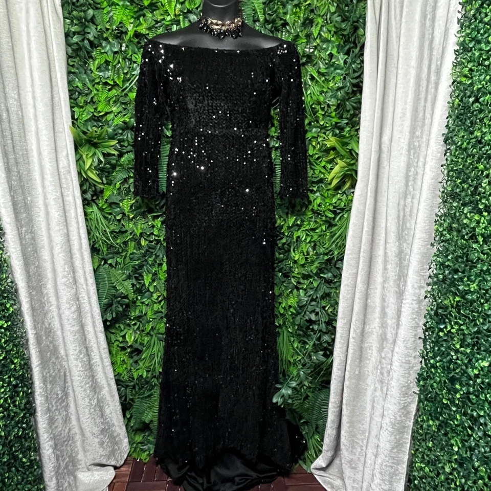 Vestido MISS ORD XL Negro Lentejuelas Hombro Descubierto Formal Sirena Vestido de Noche 3267 Foto 2 de 4