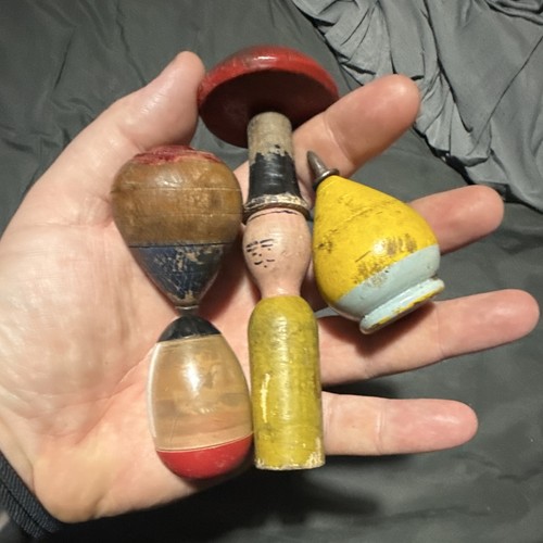 Vtg Antique Wooden Spinning Peg Tops Lot Pocket Peg Doll 1976 Hasbro Weeble