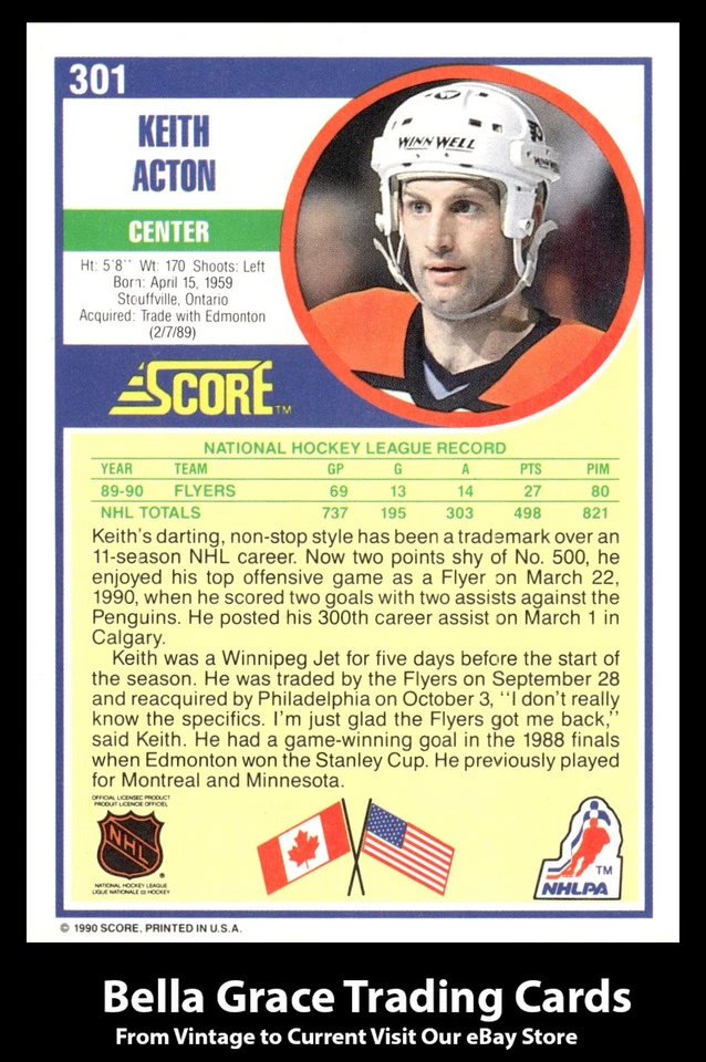 1990-91 Score American Keith Acton #301 Philadelphia Flyers NHL Hockey  - Image 2 of 2